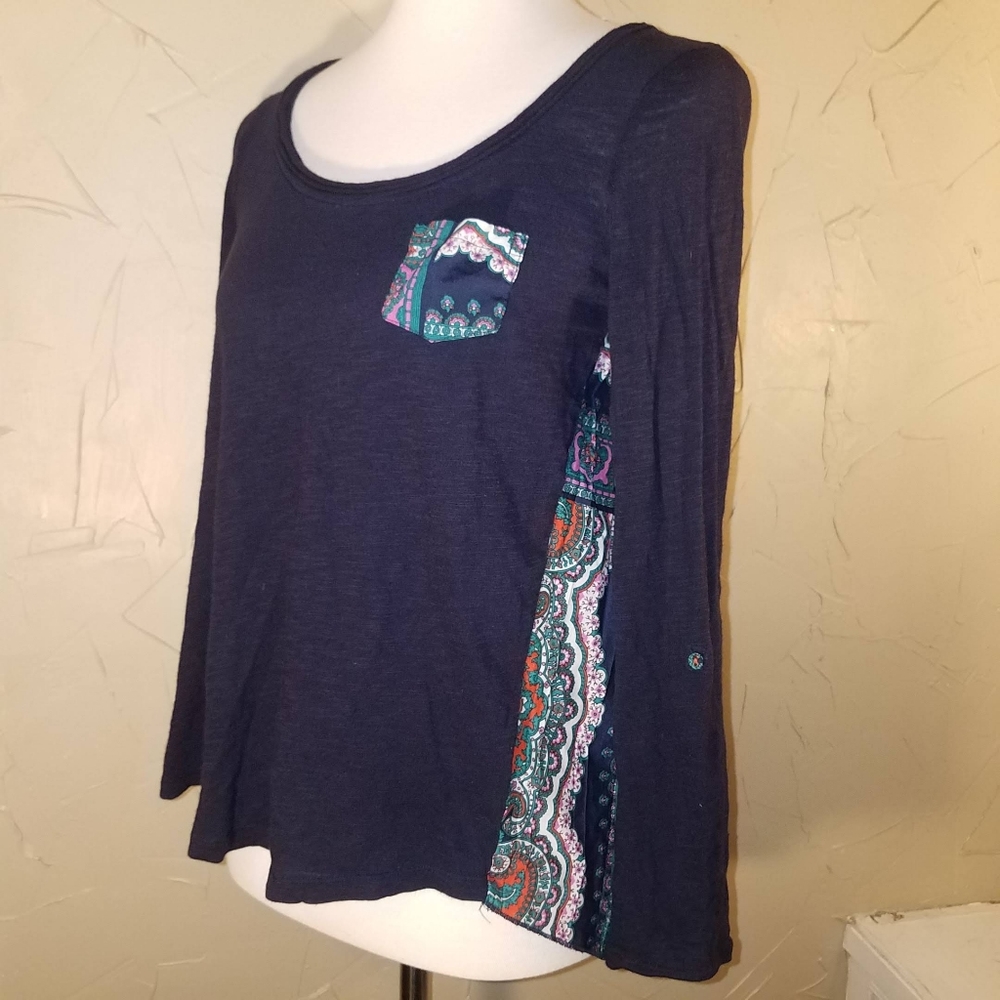 Anthropologie Navy Blue Paisley Flowy Long Sleeve Hi Lo Top Shirt Blouse Tunic - Picture 4 of 14
